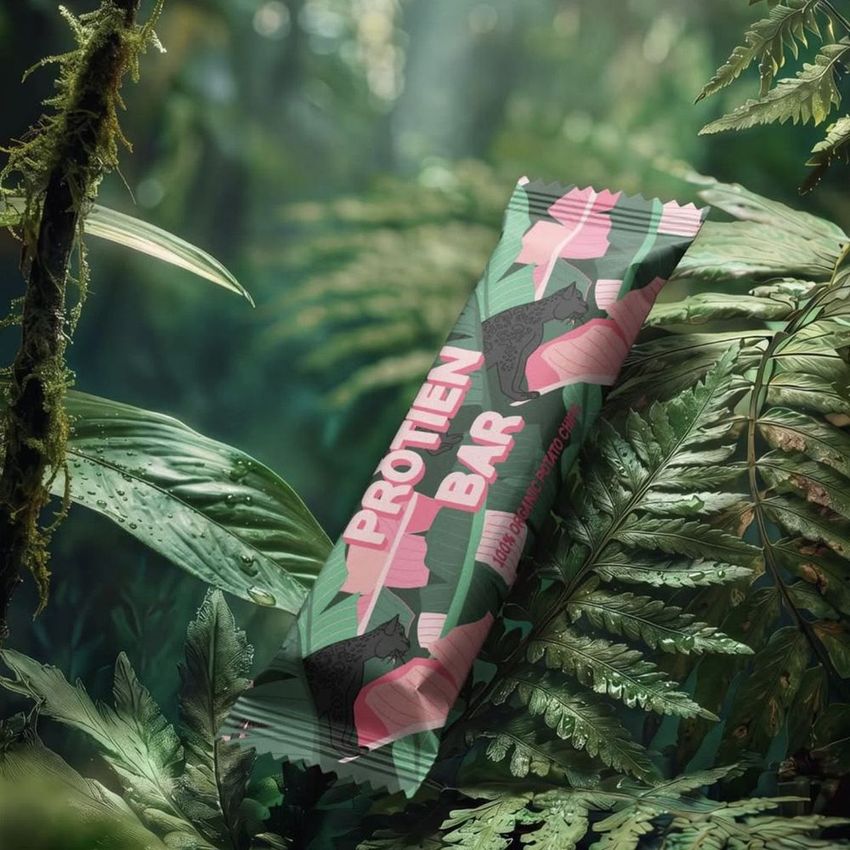 Candy bar mockup featuring a colorful wrapper with pink and green tropical leaf patterns, placed on lush jungle foliage.