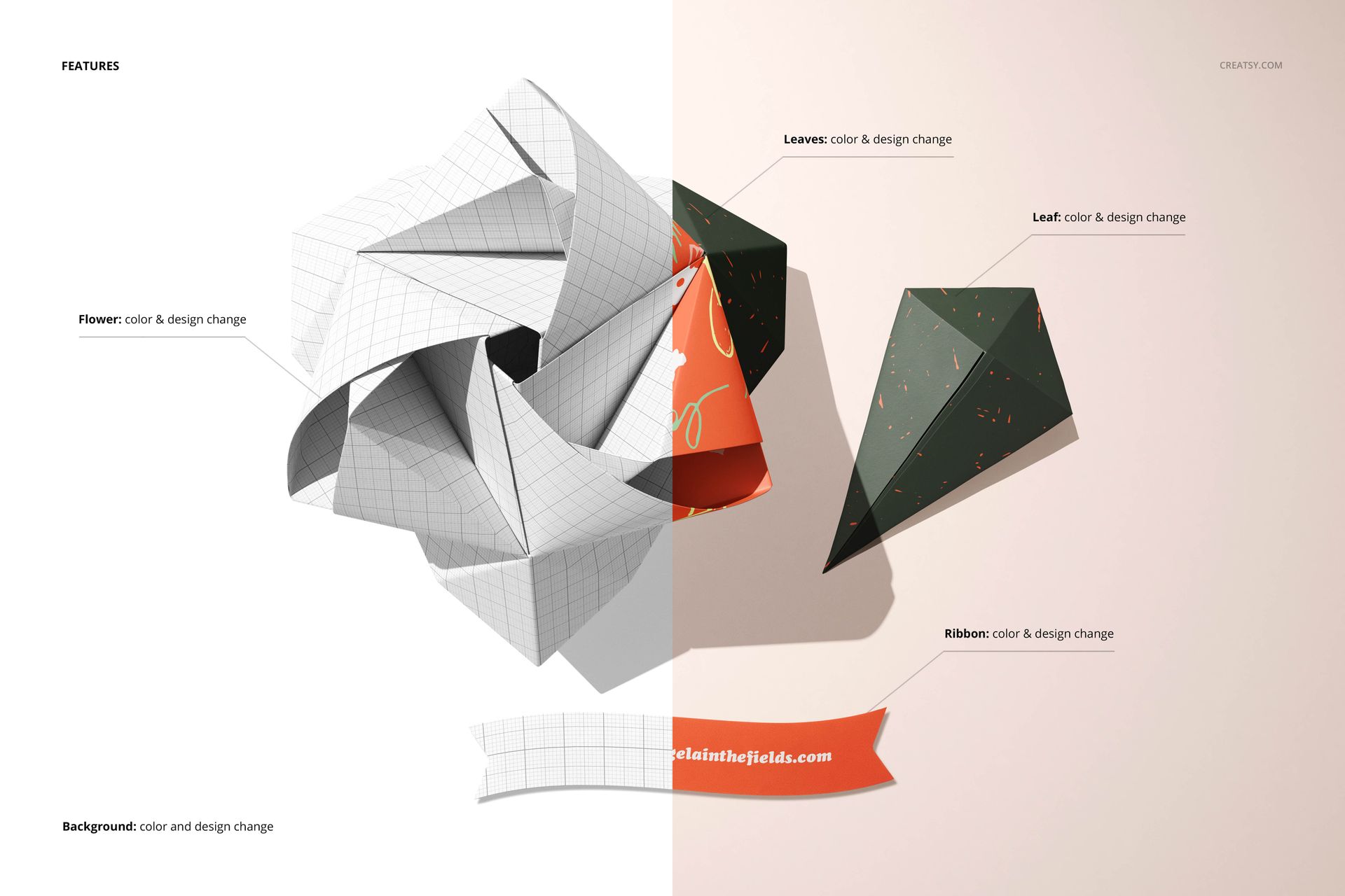 Origami rose mockup featuring a folded paper flower, ribbon, and leaves, shown in split view with editable design areas.