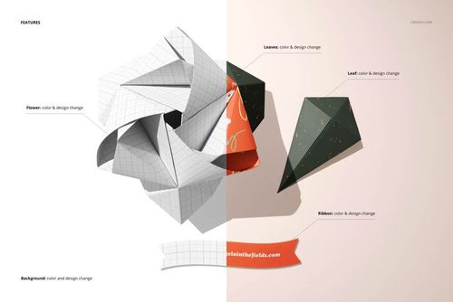 Origami rose mockup featuring a folded paper flower, ribbon, and leaves, shown in split view with editable design areas.