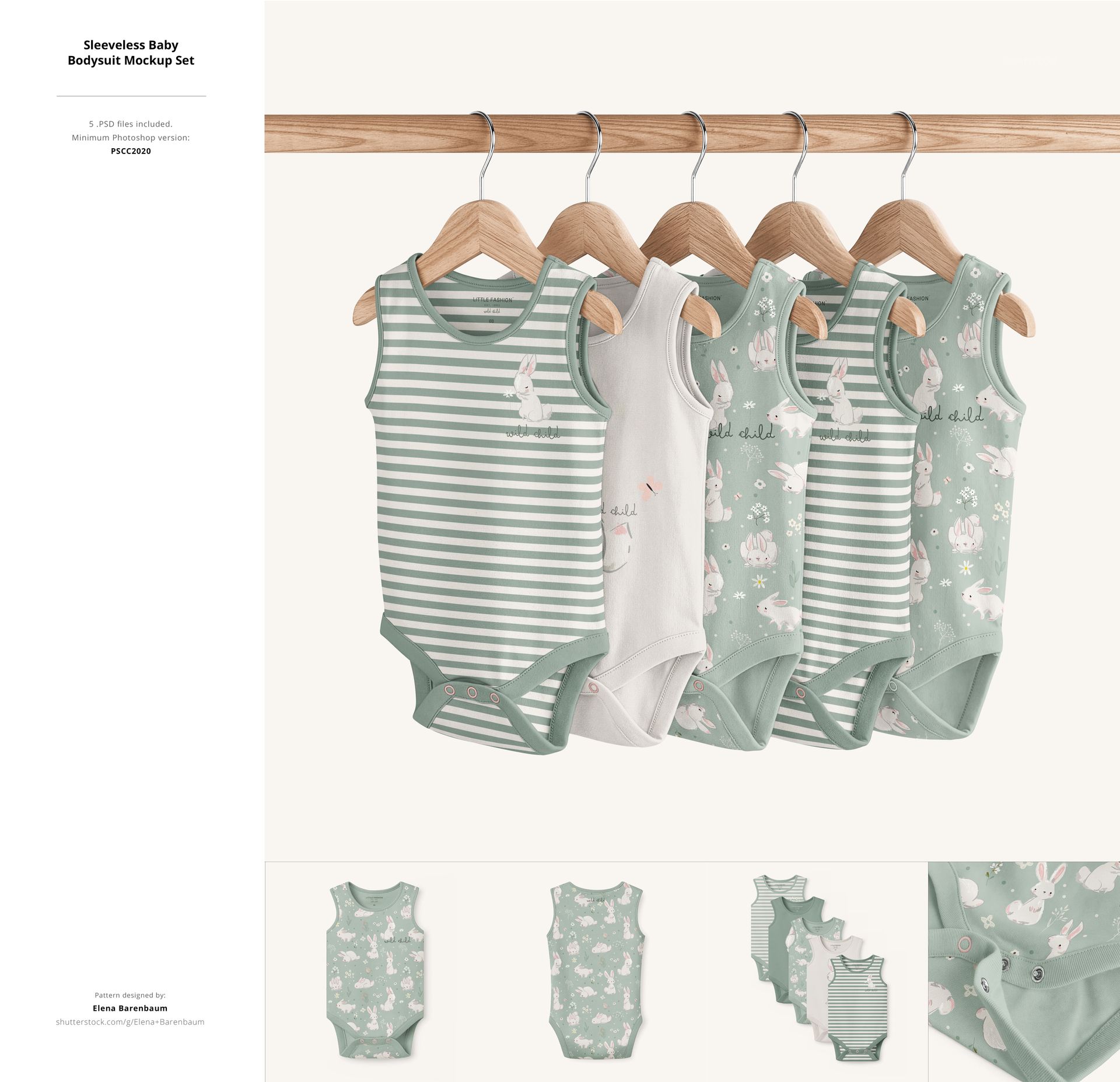 PSD mockup showing baby bodysuits with striped and illustrated patterns, arranged side by side on hangers, neutral background.