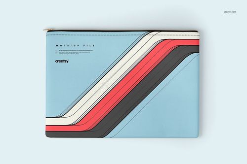 Accessories pouch mockup with a geometric stripe pattern in red, black, and white on a pale blue surface, shown from above.