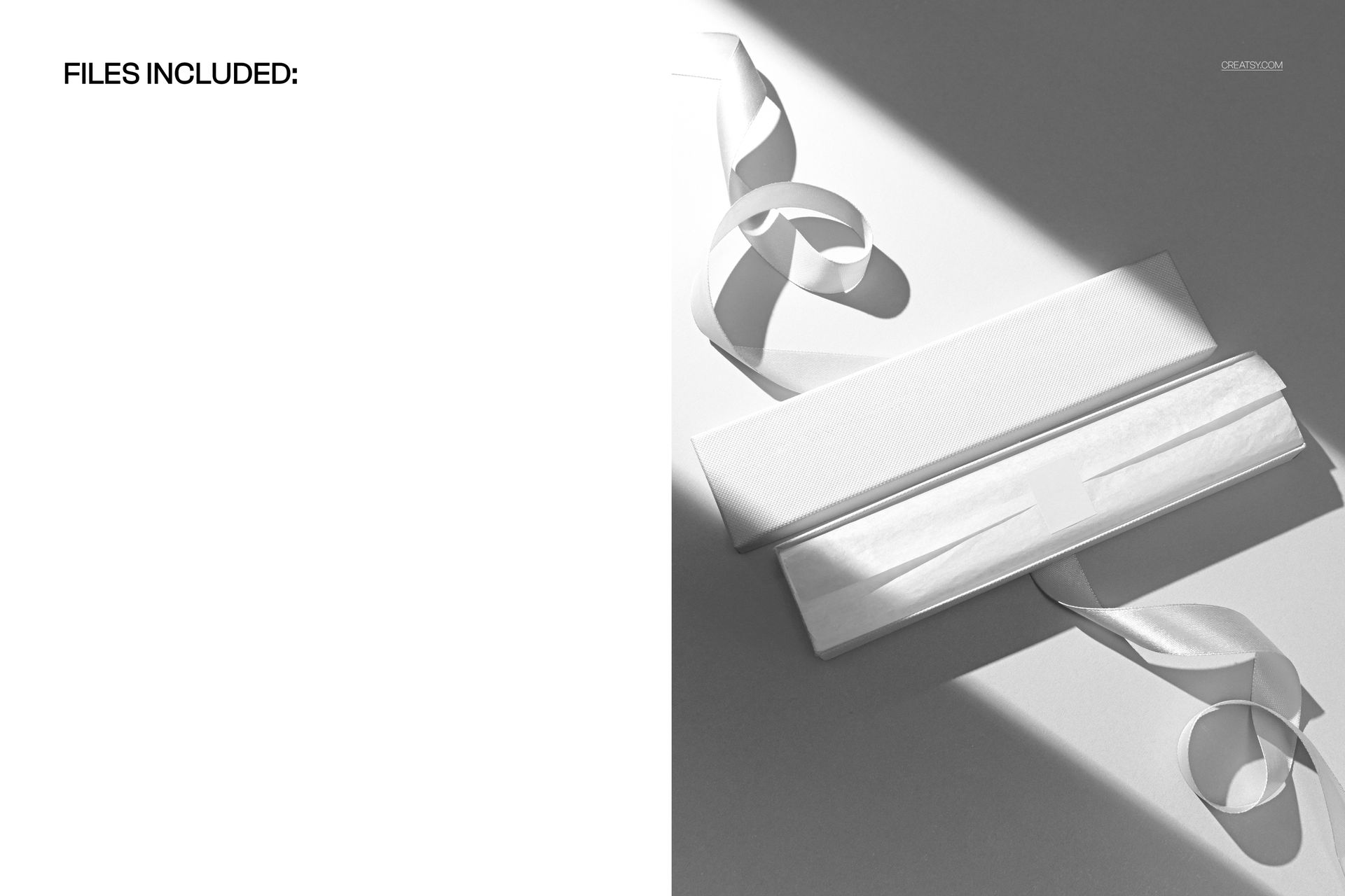 PSD mockup of a long packaging box featuring a smooth satin ribbon, photographed in bright angled light.
