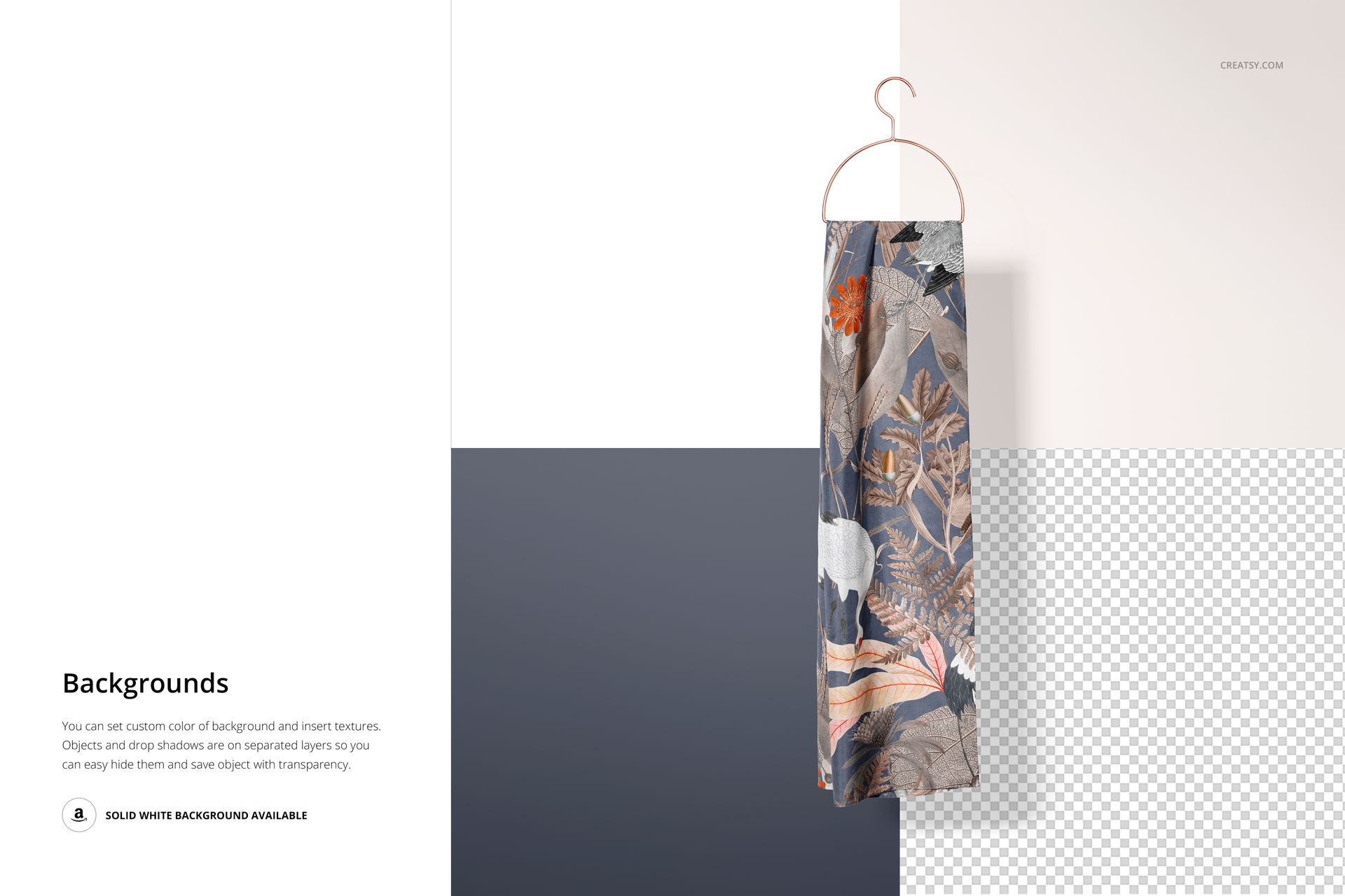 Mockup of a silk scarf on a hanger, featuring colorful botanical designs and divided background sections.