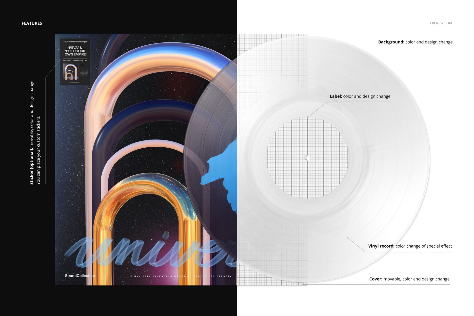 Front view of a vinyl record and cover mockup with a transparent record and colorful abstract arch design on the cover.