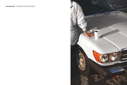 PSD mockup showing a white takeaway drink cup on the shiny hood of a vintage car, person standing nearby.
