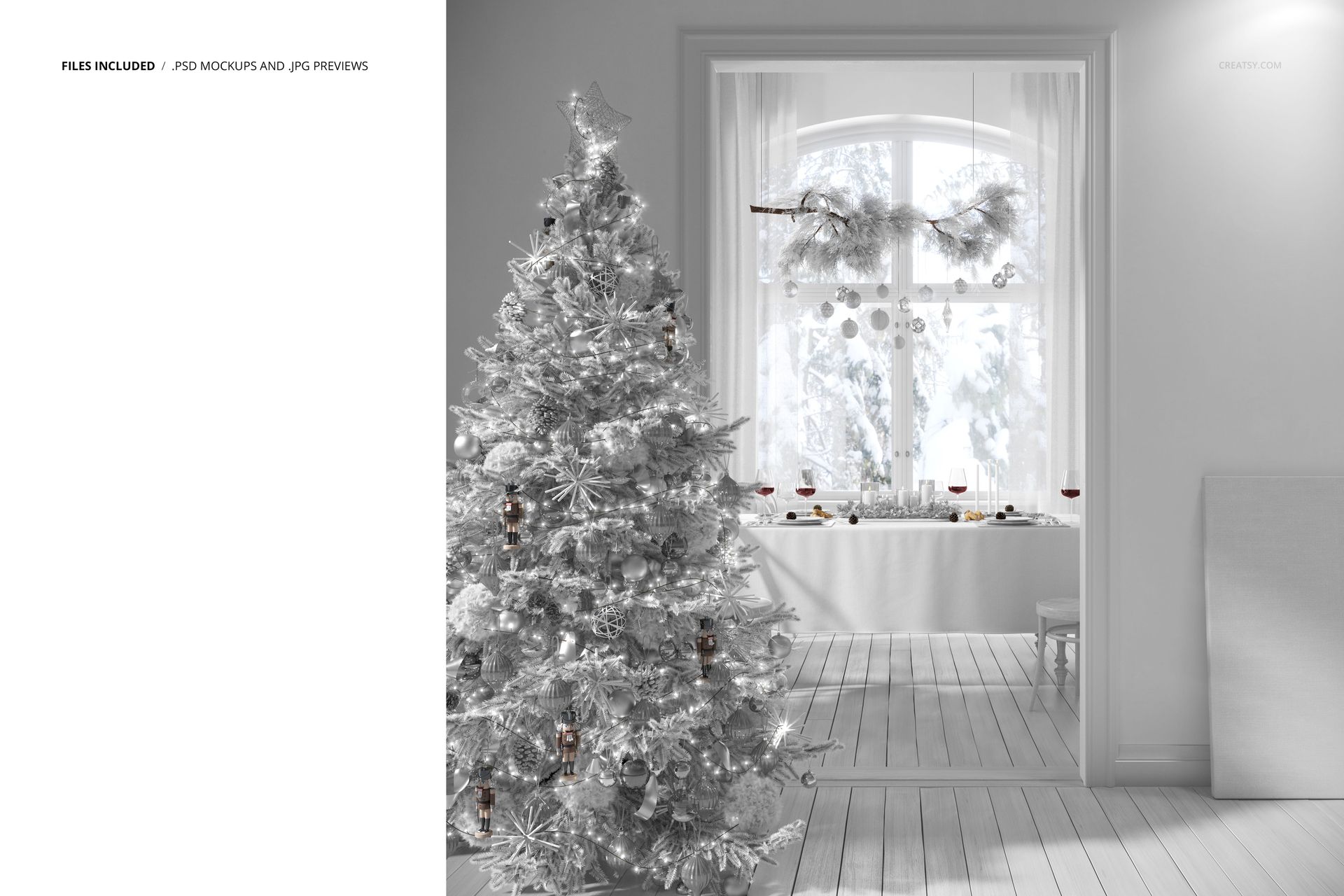PSD mockup showing a winter-themed dining room with a Christmas tree, white walls, and snow-covered window.