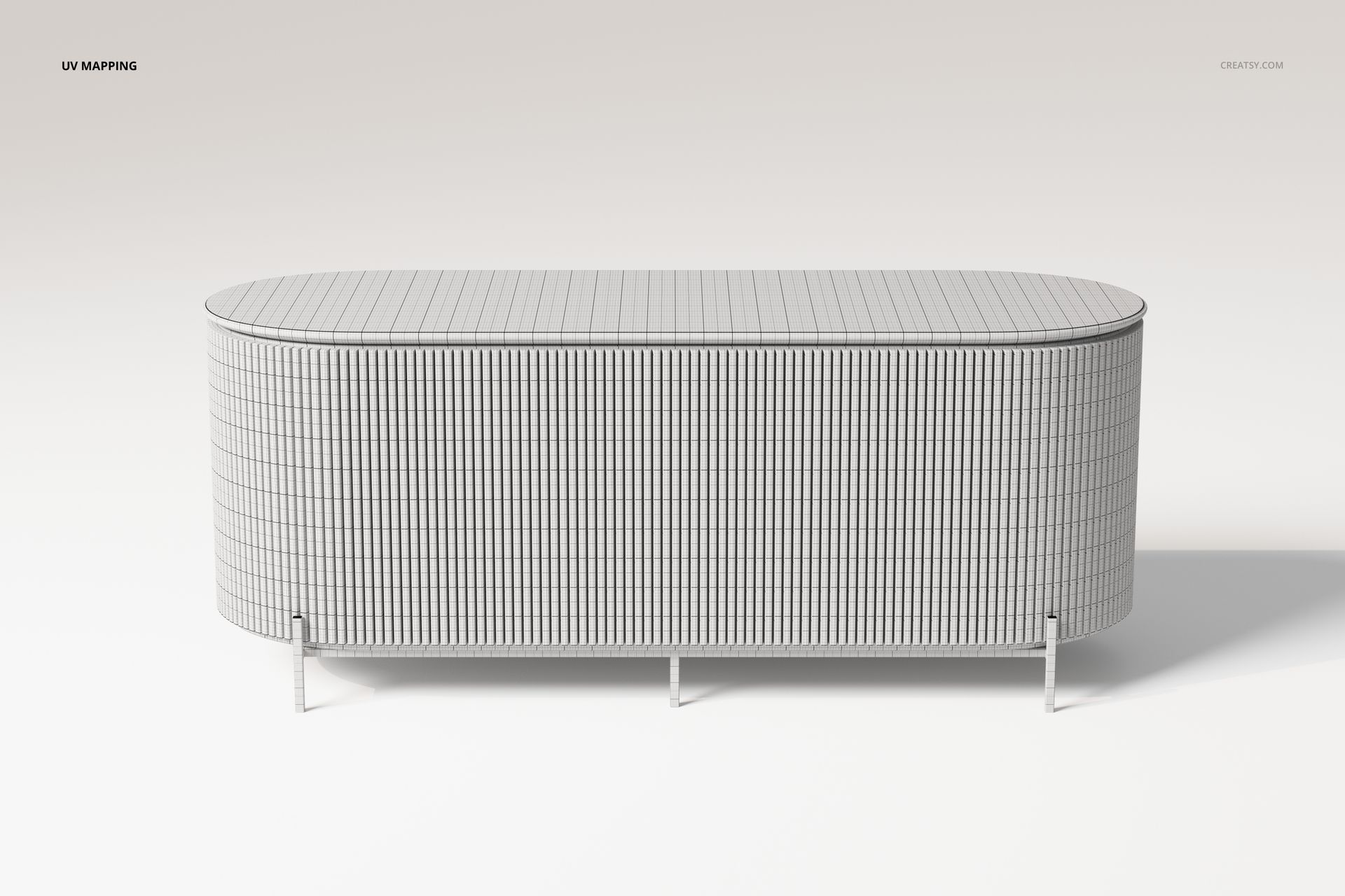 Front view of an elevated bar cabinet with a rounded rectangular shape and vertical line pattern in a neutral setting.