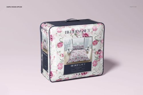 PSD mockup of a bedding set bag with transparent front panel, displaying a bed photo and decorative flower print.