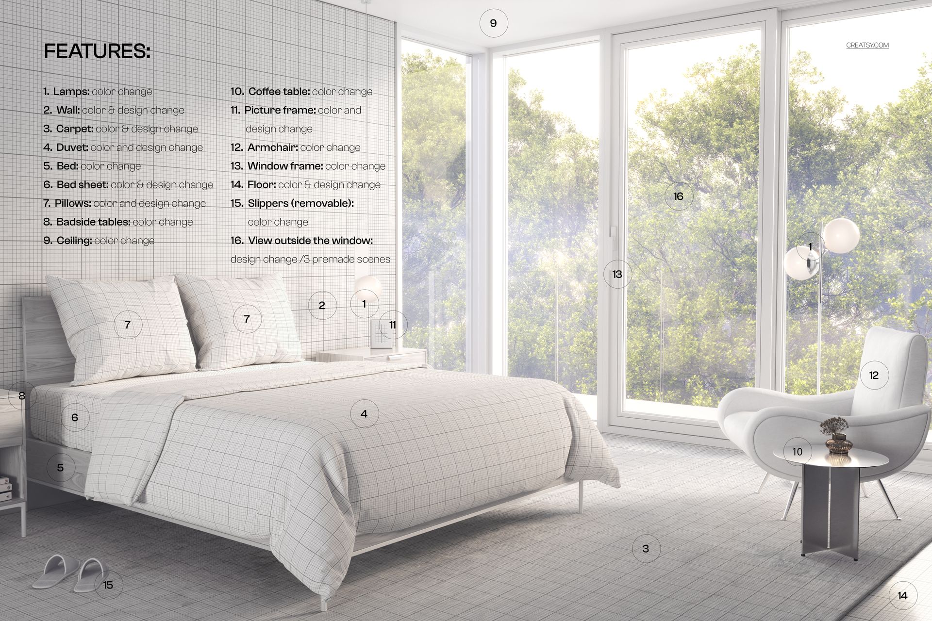 Modern bedroom mockup featuring a bedding set with a subtle grid pattern, large windows, and neutral decor.