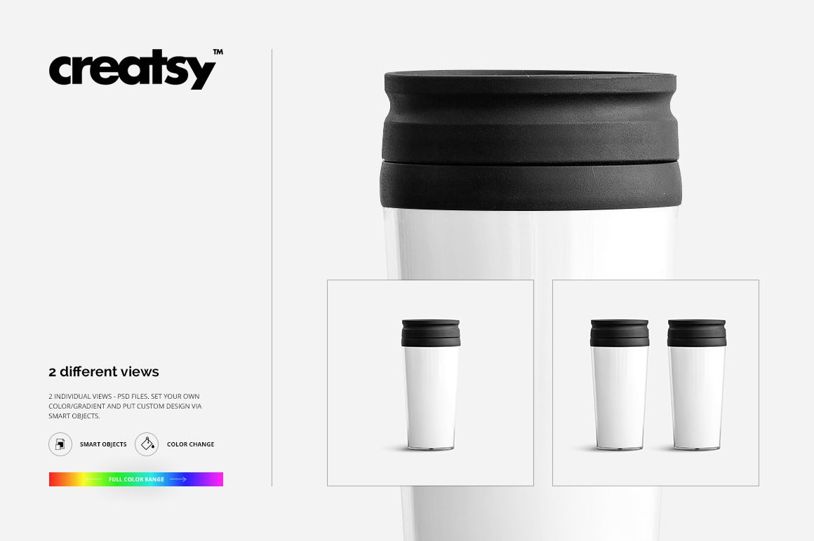 Front view of a travel mug mockup with a black lid and white body, displayed alongside two mug variations.