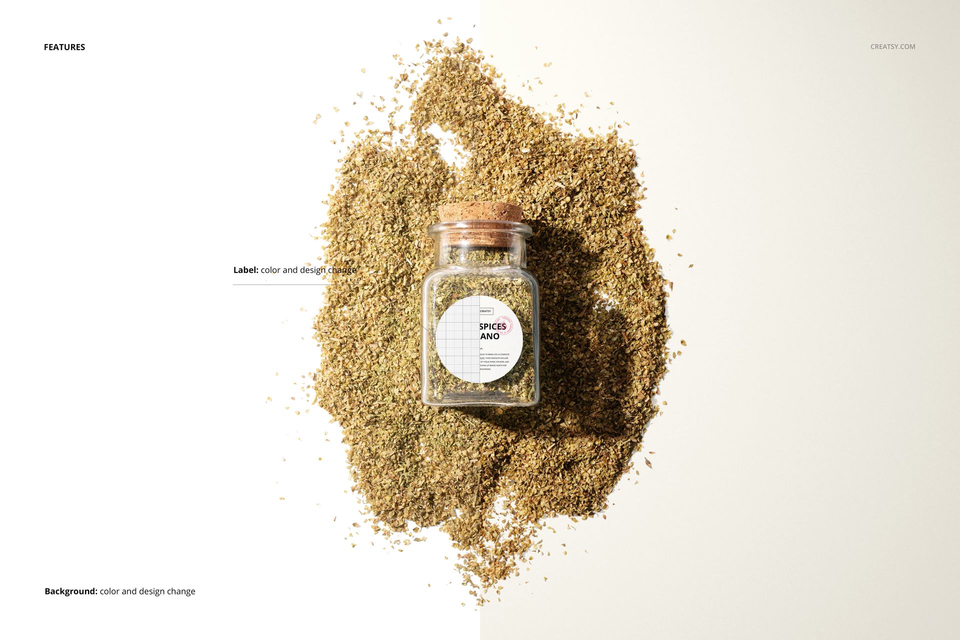 Oregano jar PSD mockup featuring a clear glass container with a white label, herbs spread around on a light surface.