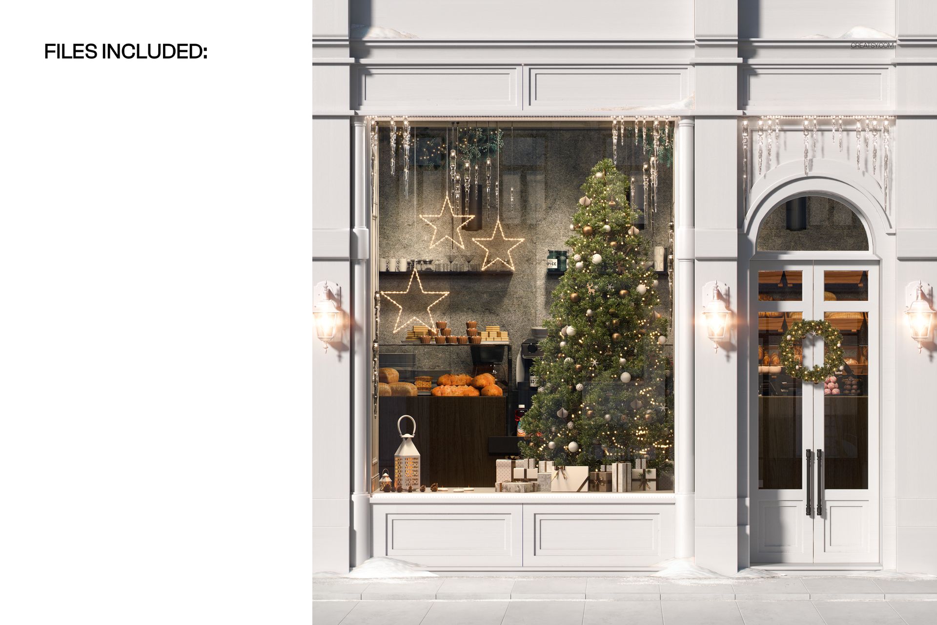Front view of a festive Christmas storefront mockup featuring a decorated tree, star lights, and bakery items inside.