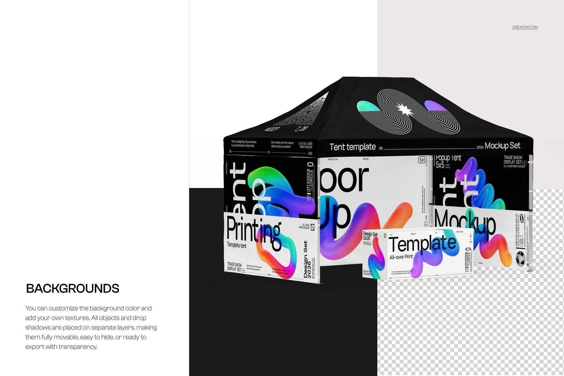 Front view of a black pop up tent mockup with colorful abstract designs on all sides, set against a white background.