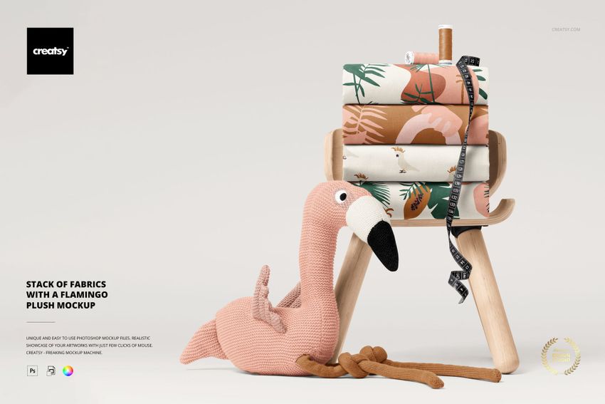 Stack of Fabrics with a Flamingo Plush Mockup - mockup screenshot 1