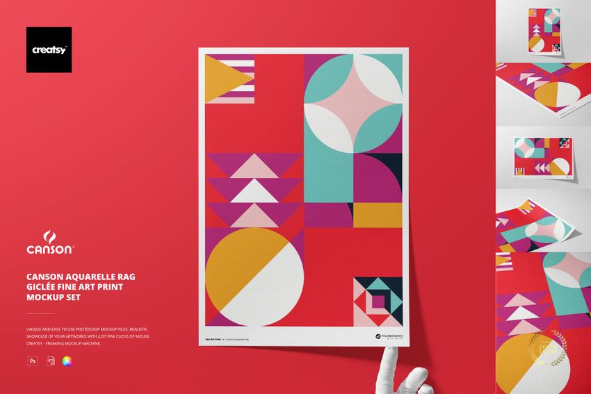 A3 fine art print mockup featuring a geometric abstract design in pink, red, yellow, and white on a red background.