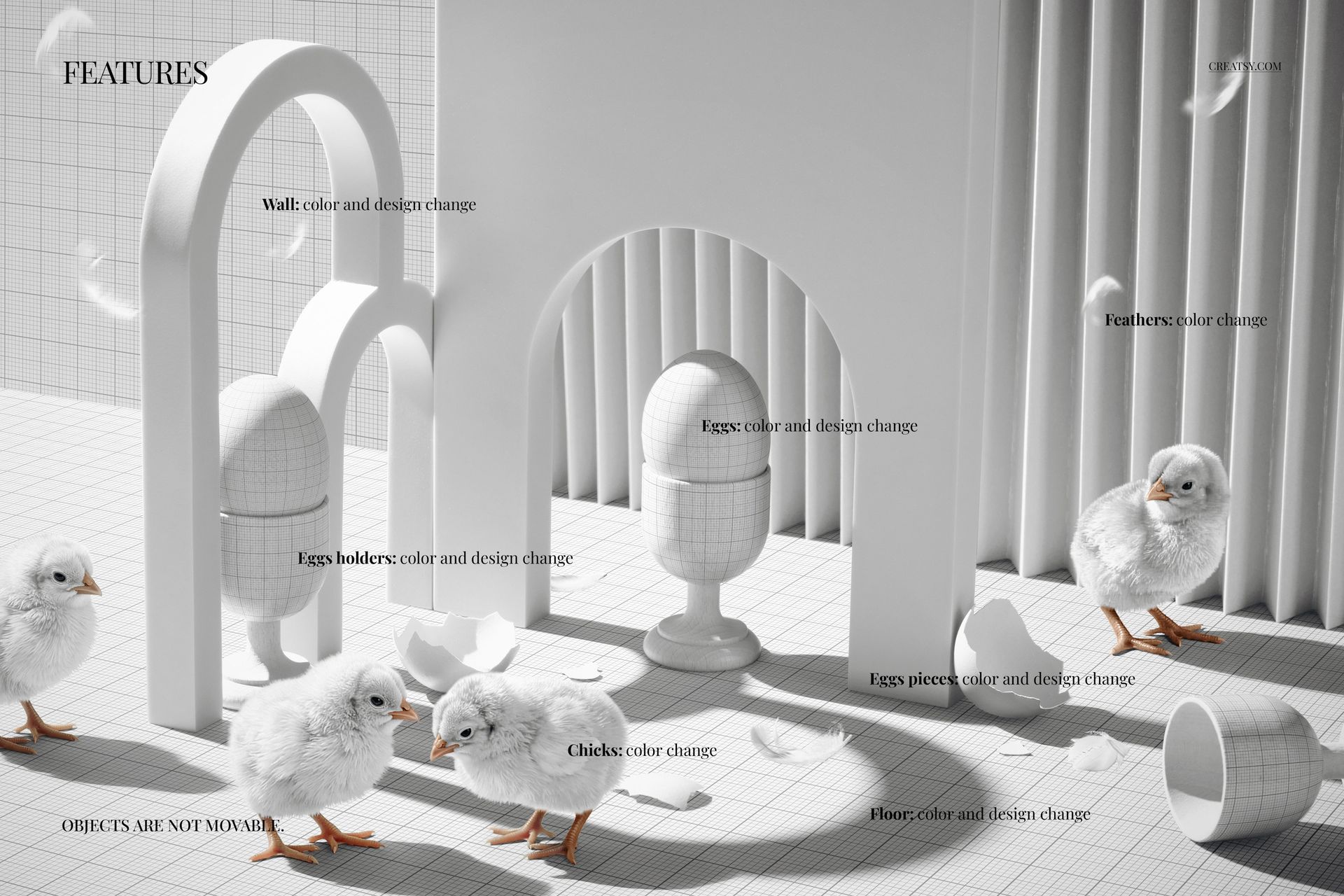 Modern Easter scene mockup with white geometric egg holders, eggs, and fluffy chicks on a grid-patterned surface.