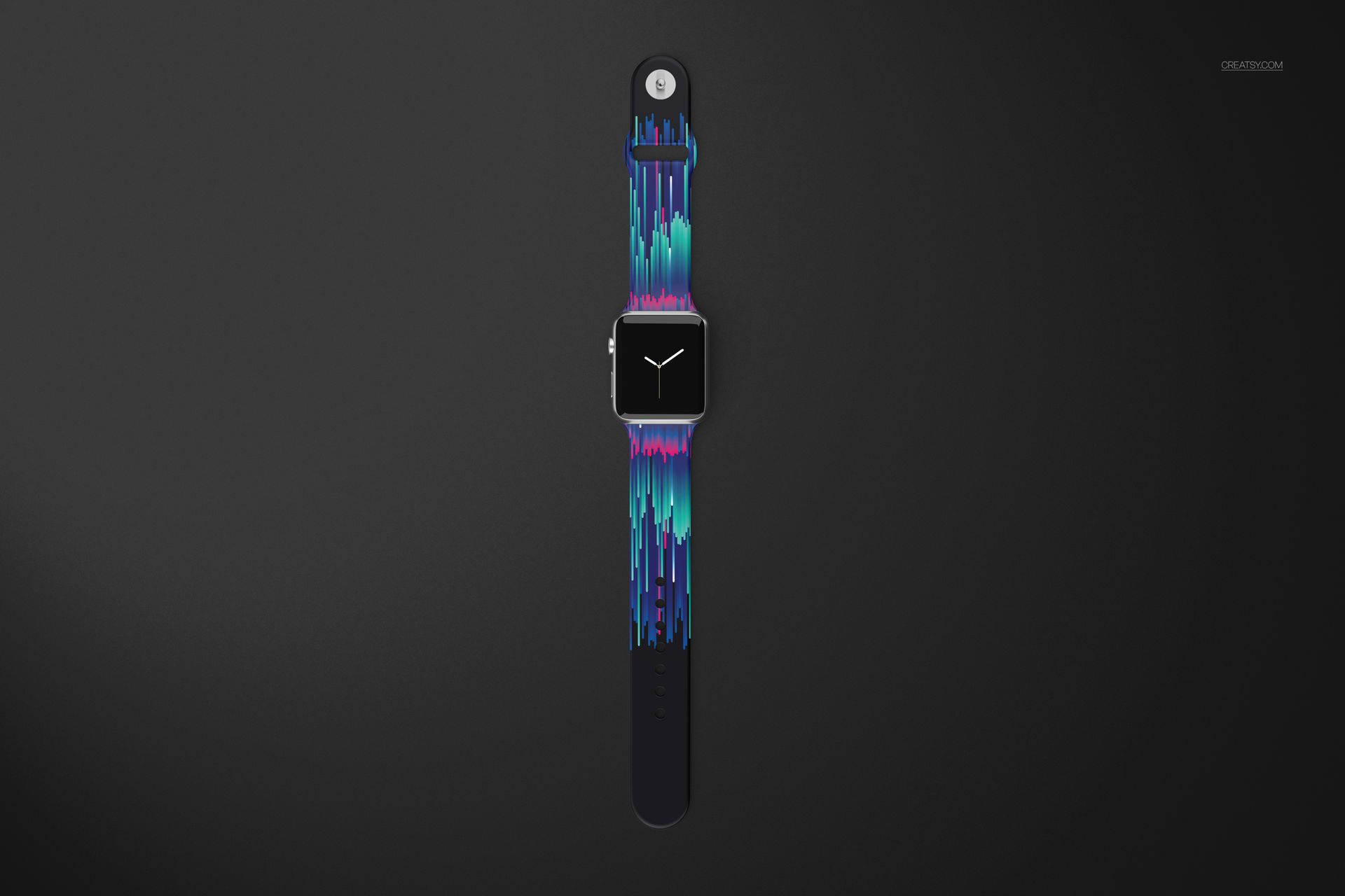 PSD mockup of an Apple Watch band featuring vibrant blue and purple streaks, displayed flat against a black backdrop.