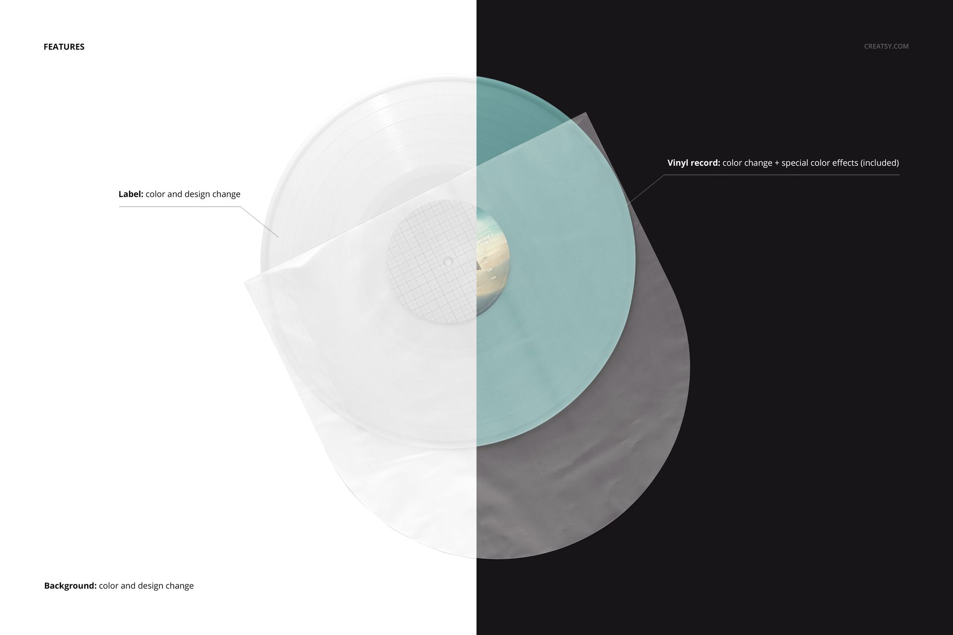 PSD mockup featuring a colored vinyl record in a translucent sleeve, displayed on contrasting split background.