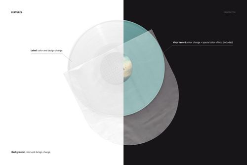 PSD mockup featuring a colored vinyl record in a translucent sleeve, displayed on contrasting split background.