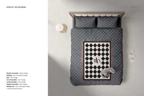 PSD mockup displaying a bed with gray bedding, a checkered jacquard woven blanket, and minimal bedroom decor.