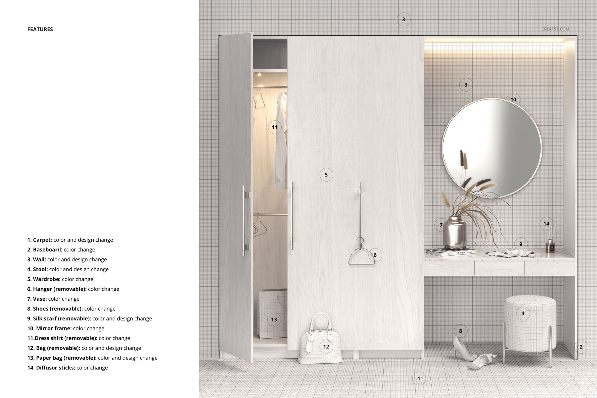 Wardrobe with vanity table mockup in a softly lit room, featuring light wood textures, round mirror, and neutral decor.