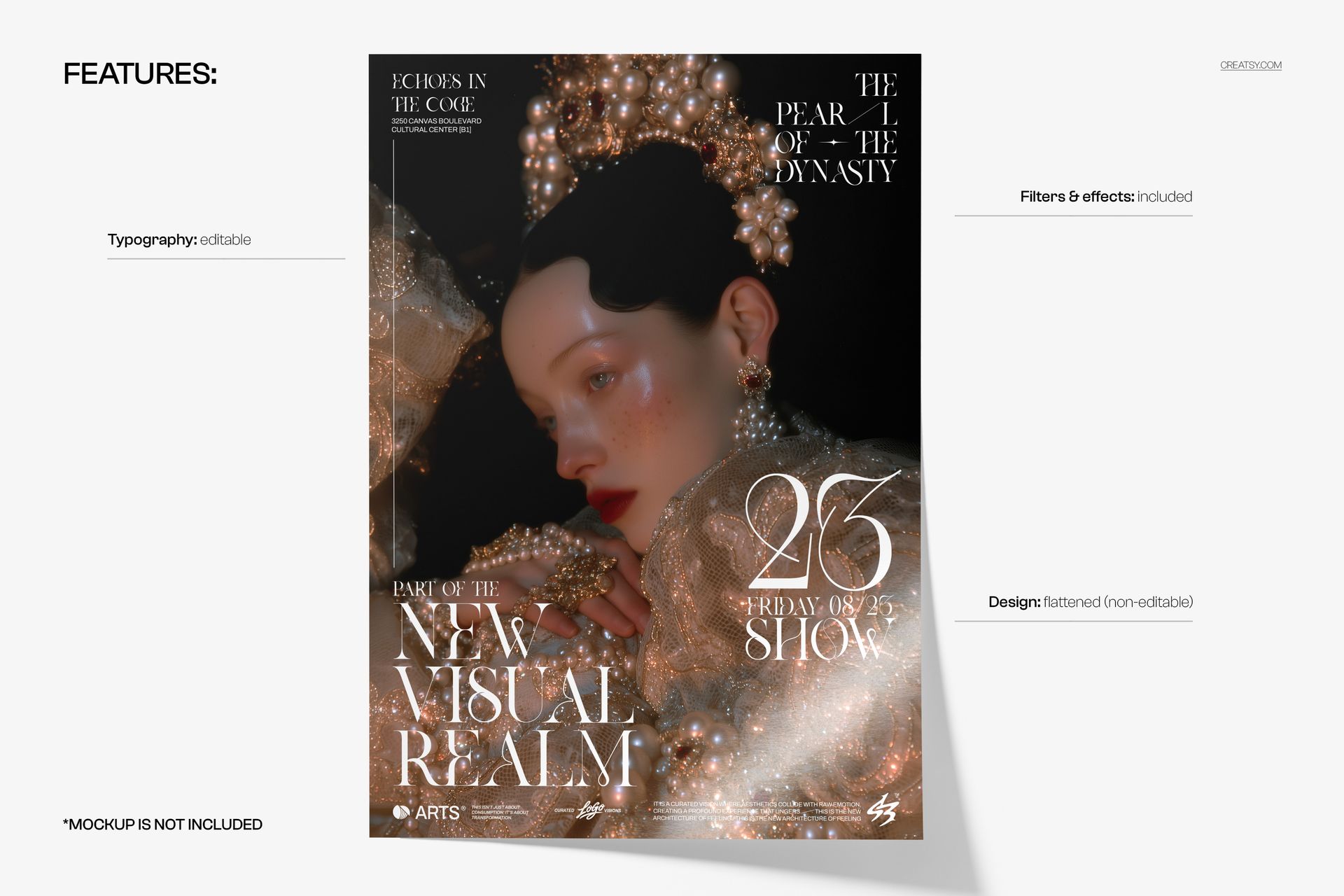 Front view of a poster mockup featuring a stylized portrait of a woman adorned with pearls and shimmering effects.