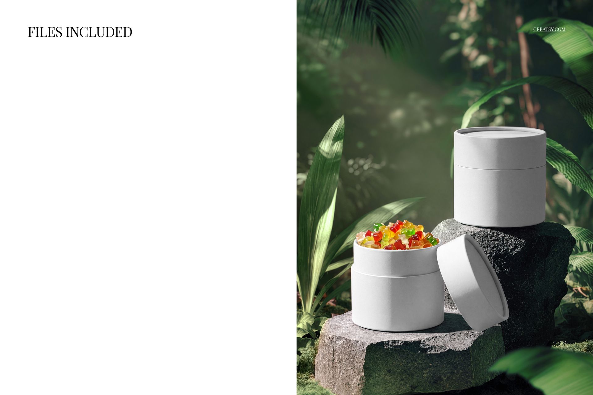 PSD mockup showing cylindrical paper packaging tubes in a tropical environment, surrounded by lush green leaves.