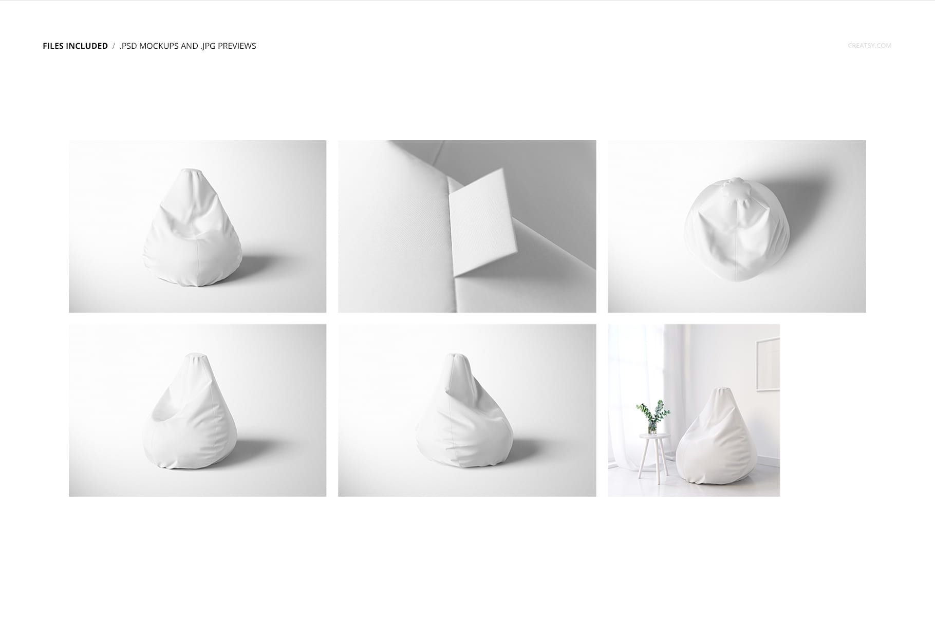 All-over print bean bag chair mockup displayed in various perspectives, featuring plain white fabric and soft lighting.