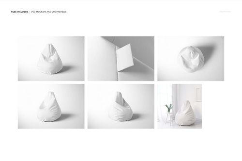 All-over print bean bag chair mockup displayed in various perspectives, featuring plain white fabric and soft lighting.
