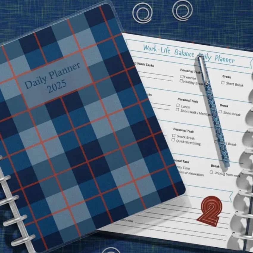 Stationery mockup showing a closed plaid pattern planner beside an open planner page with text, pen, and spiral rings.