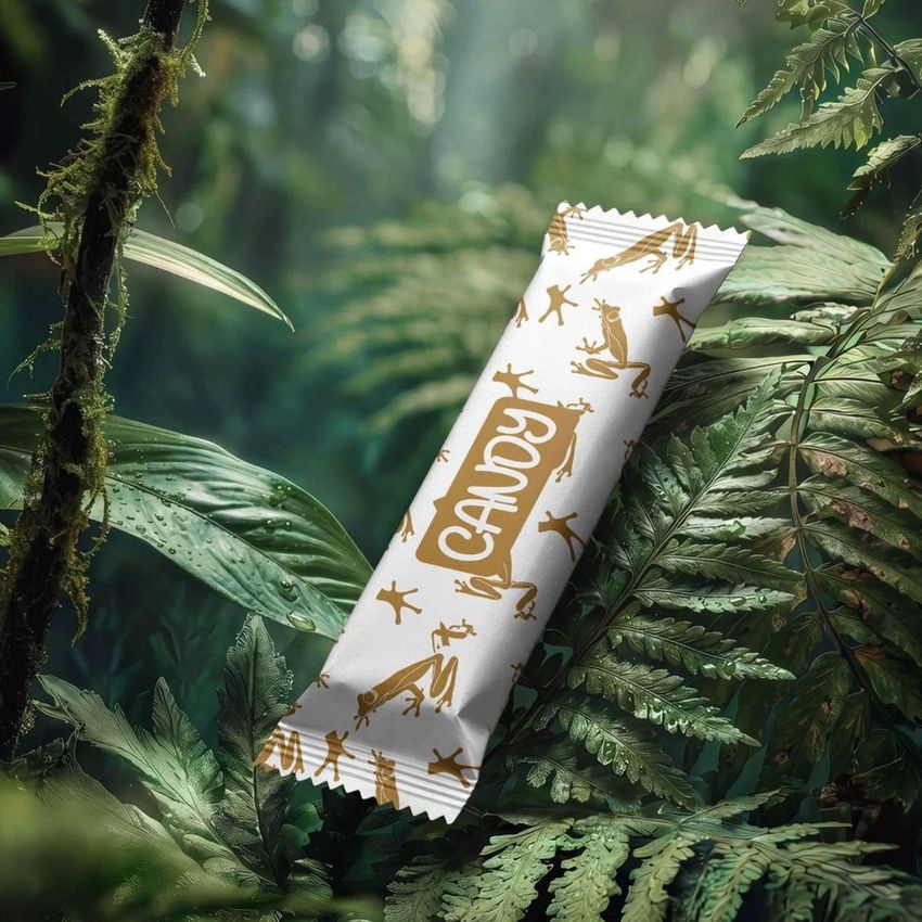 Candy bar mockup with gold frog illustrations and text overlay, placed on lush green tropical leaves in a jungle setting.