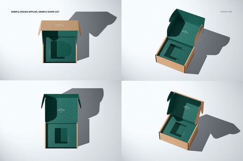 Set of four views of a packaging box mockup with open lid, green inner tray, and shadowed background.