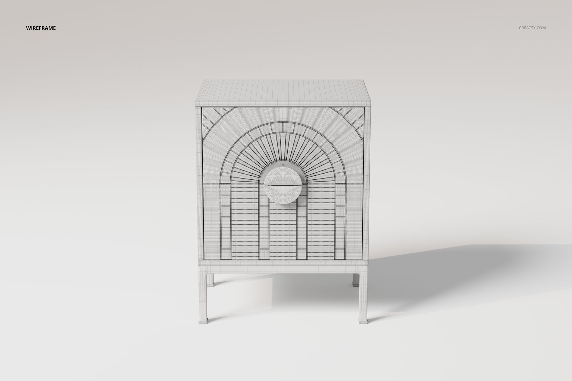 Front view of a 3D modeled nightstand with art deco geometric patterns in a wireframe style on a plain background.