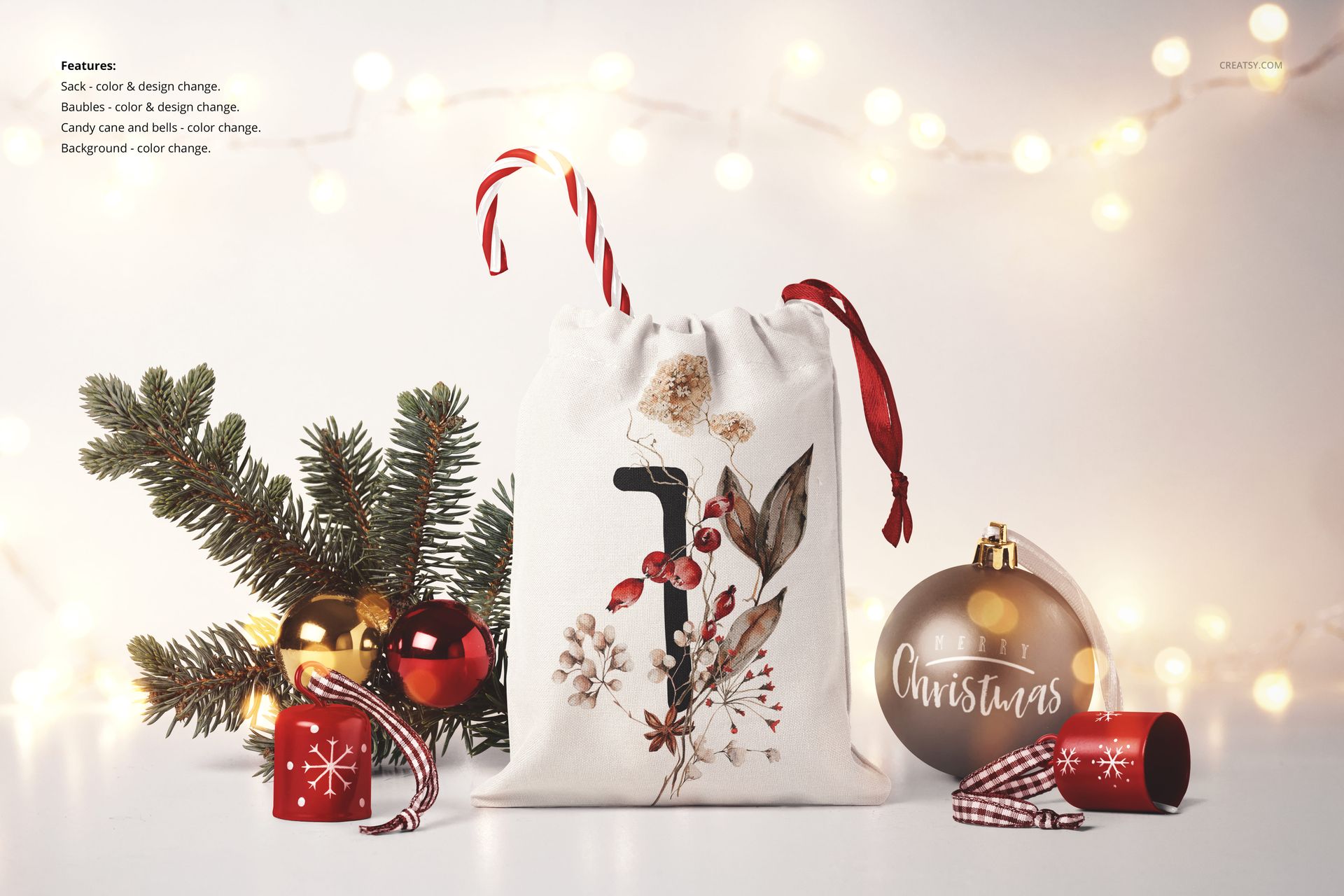 Front view of a Christmas-themed drawstring sack mockup, featuring festive decorations and a candy cane.