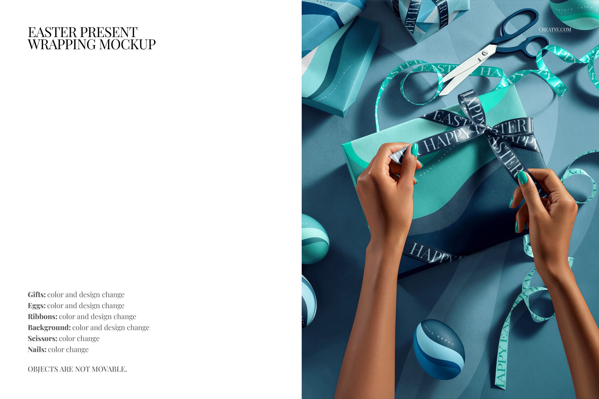 Easter-themed PSD mockup featuring hands tying blue ribbon around a gift, with eggs and wrapping materials in the scene.