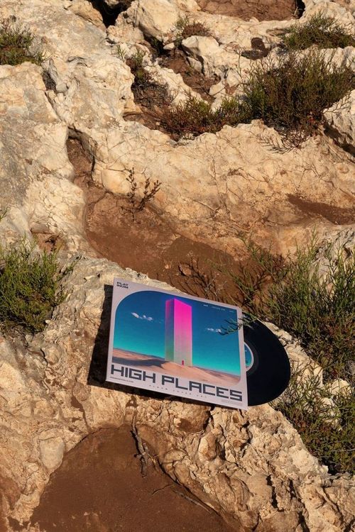 7 inch black vinyl record mockup displayed outdoors on rocks with green plants and a vibrant illustrated sleeve.