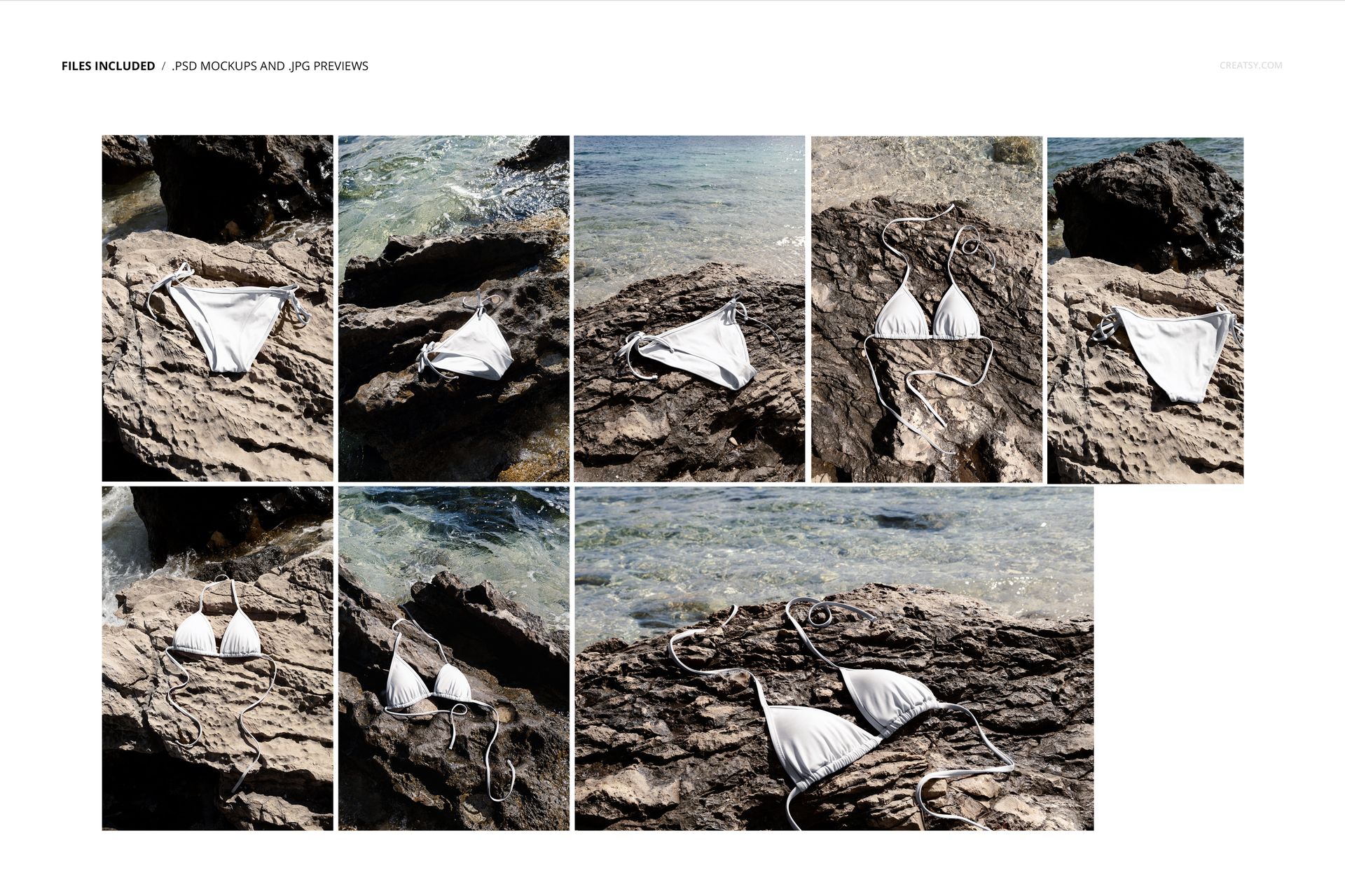 White bikini mockup set displayed on rocky coastline and near the sea, shown from various angles and perspectives.