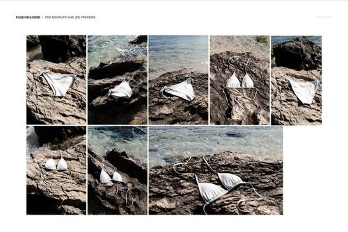 White bikini mockup set displayed on rocky coastline and near the sea, shown from various angles and perspectives.