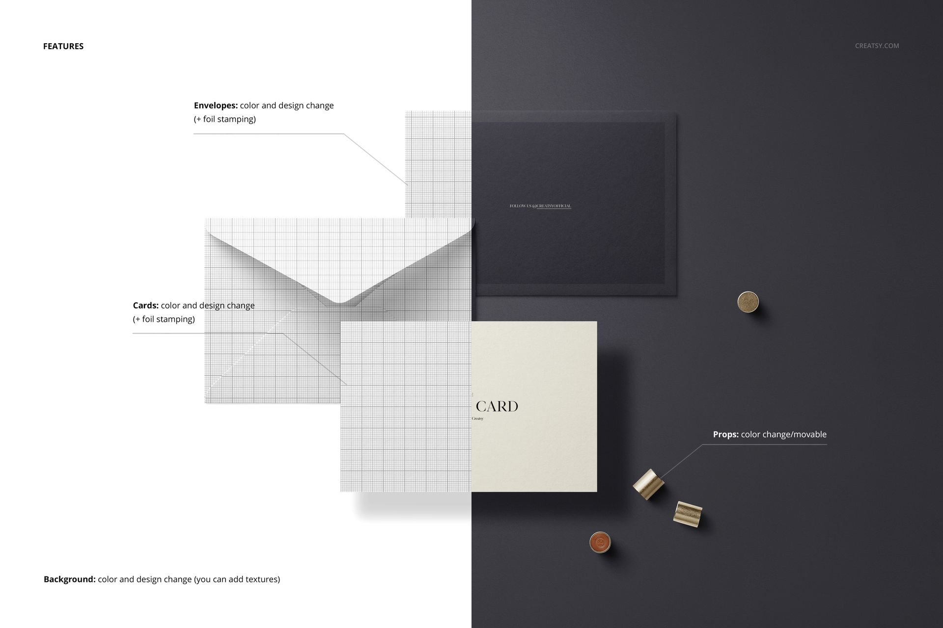 Small envelope and card mockup set displayed on a split background, showing both grid and dark color options with props.