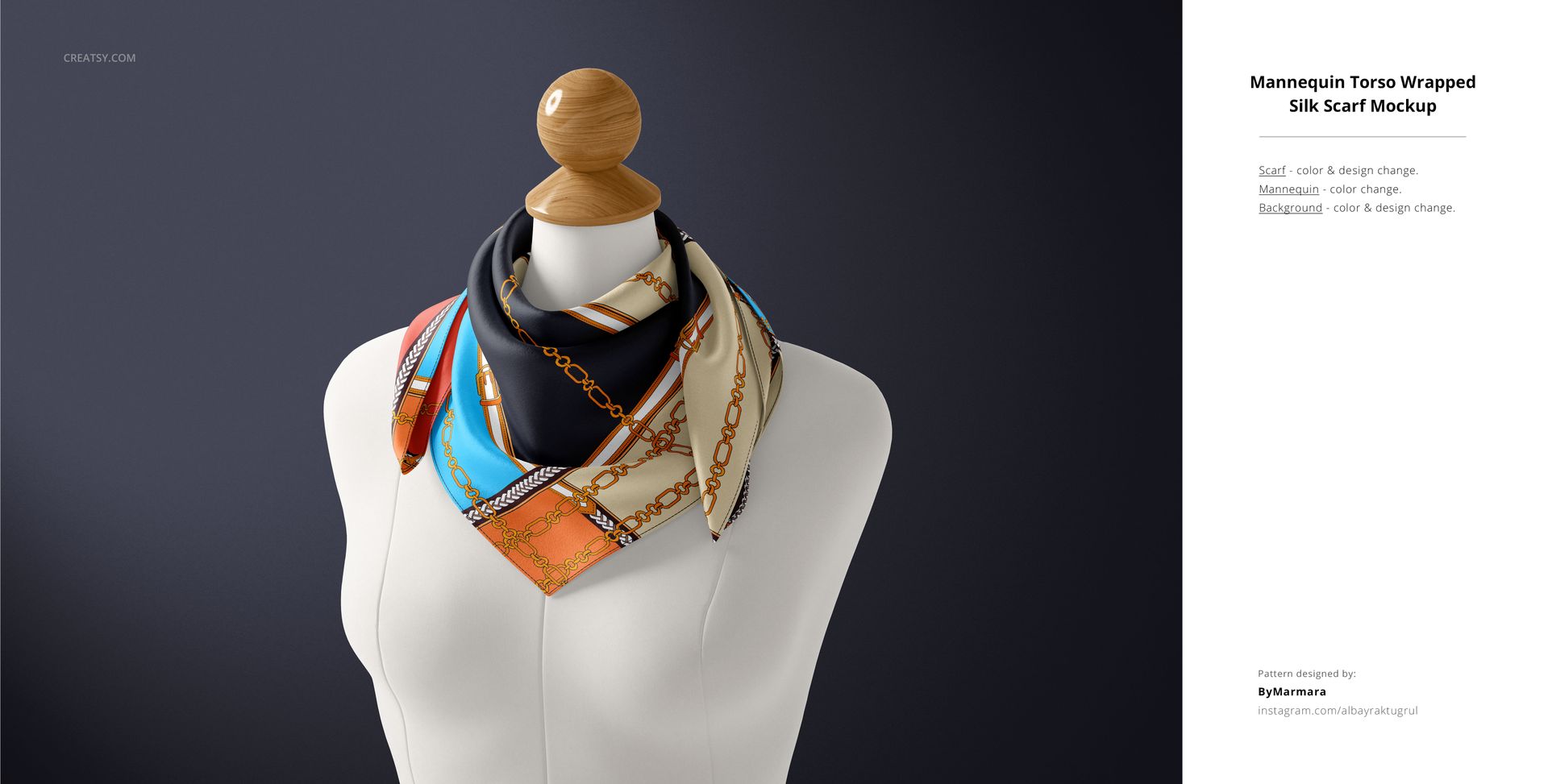 Front view of a mannequin torso with a silk scarf mockup wrapped around the neck, featuring colorful chain patterns.