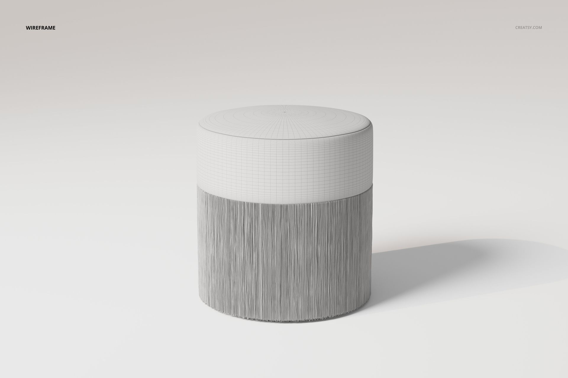 Round upholstered ottoman with fringe texture, shown in a neutral color from a front angle on a plain background.
