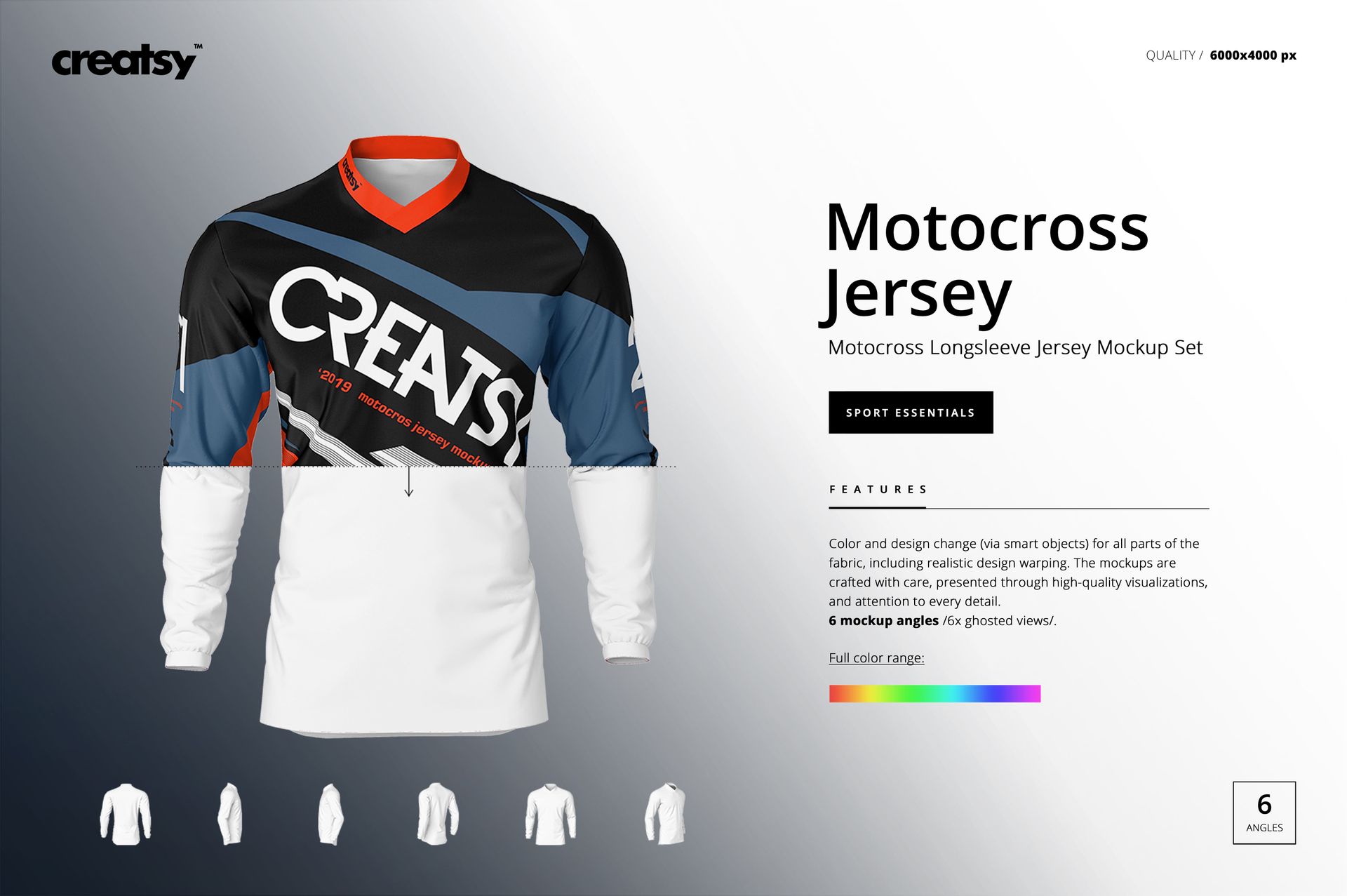 Front view of a motocross jersey mockup with geometric color blocks in black, blue, and white, displayed on a plain background.