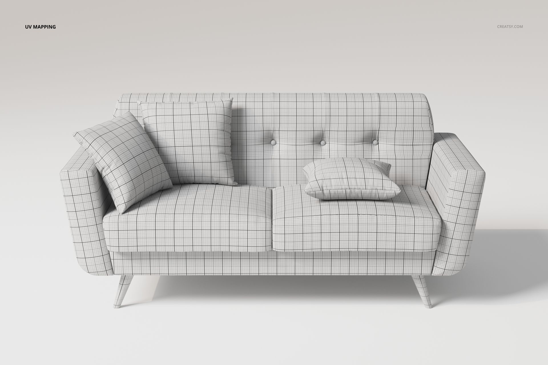 Scandinavian style fabric sofa with grid pattern, front view, two cushions, minimalist white background.