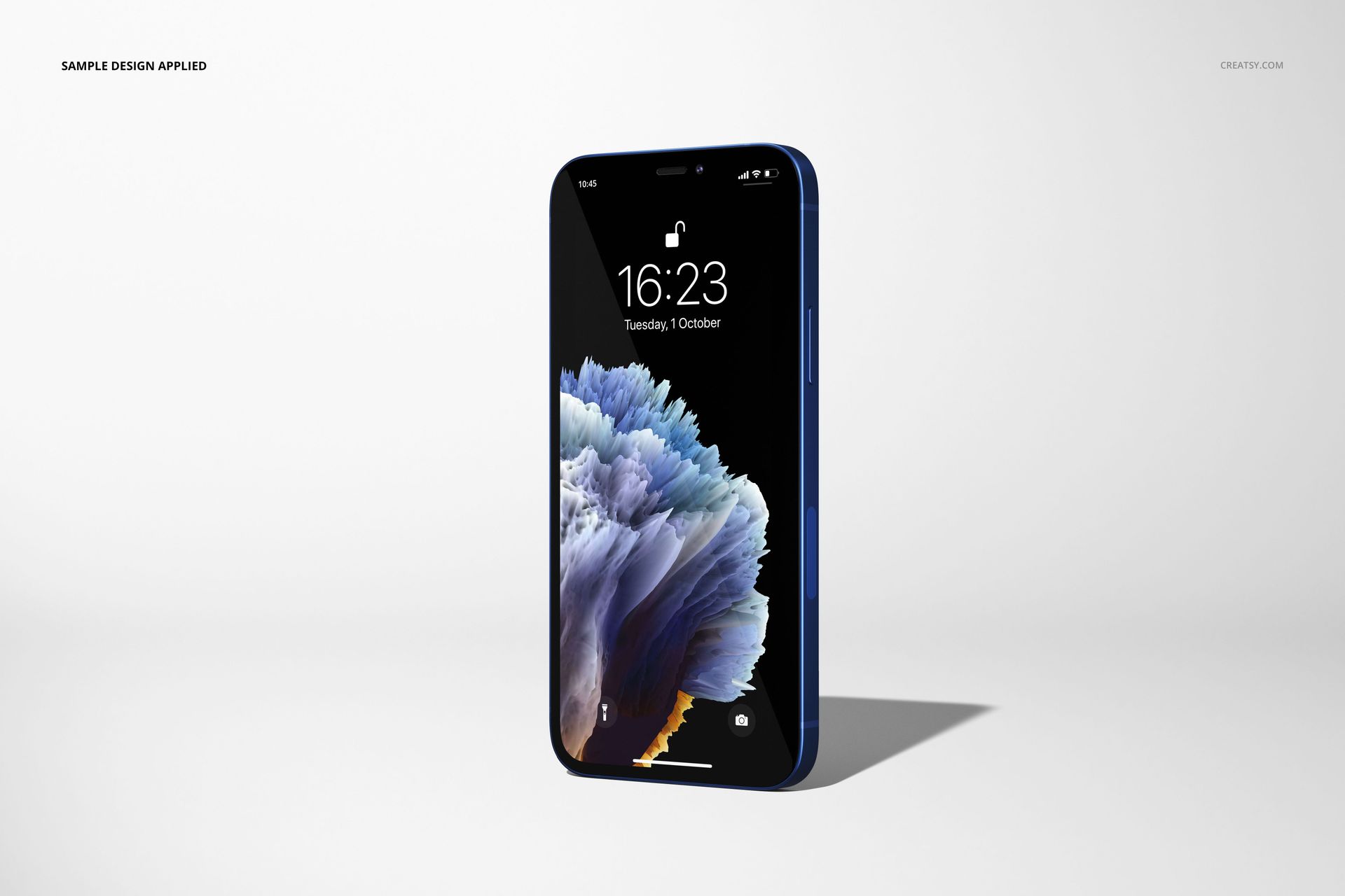 iPhone 12 mockup featuring a vibrant display design, angled upright against a simple white background.
