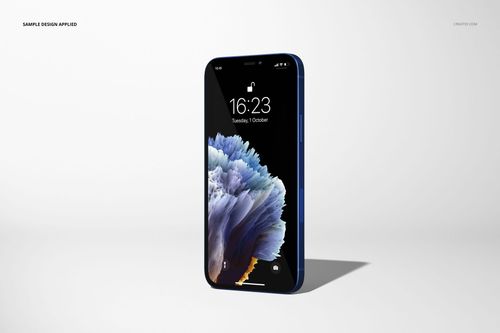 iPhone 12 mockup featuring a vibrant display design, angled upright against a simple white background.