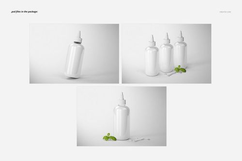 Sauce bottle mockup set featuring white bottles with twist caps, shown from various angles on a plain background.