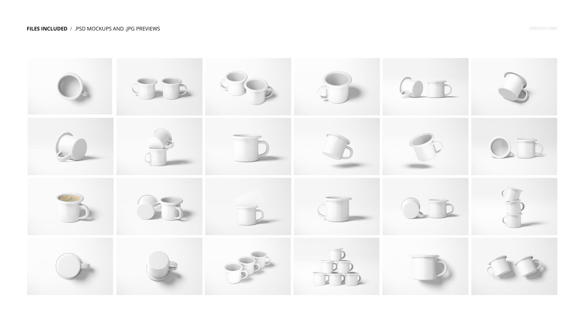 Multiple white enamel mugs displayed in various angles and arrangements on a plain light background, mockup bundle.