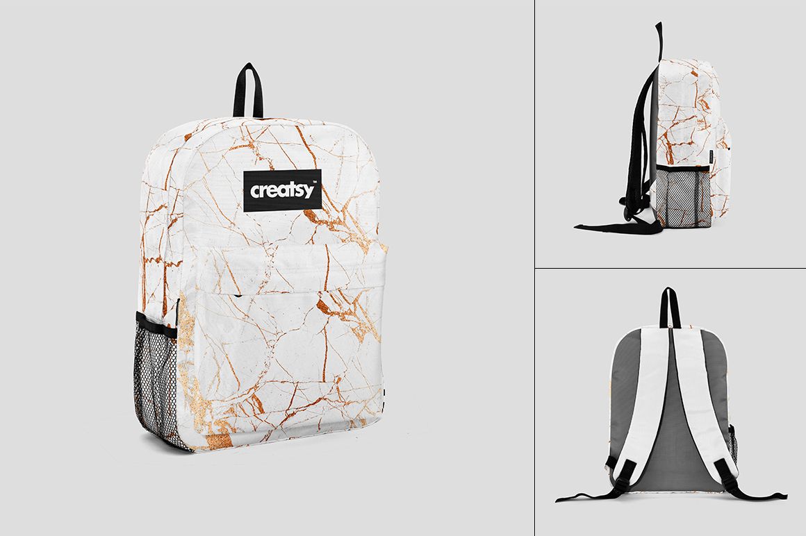 PSD mockup showing three angles of a backpack featuring a white and gold marble design with black accents.