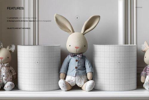 PSD mockup showing two cylindrical lampshades with grid design and a plush bunny doll, styled in a children's room.