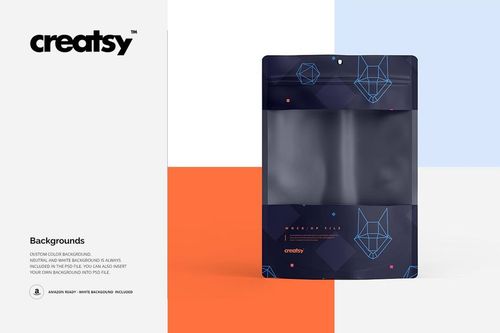 Plastic window bag packaging mockup with geometric blue fox design, standing upright on a color-blocked background.